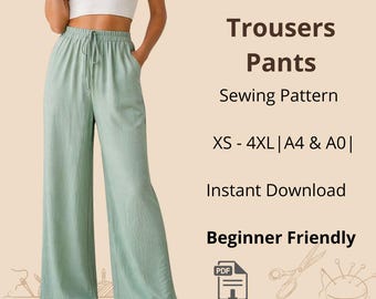 Wide Leg Trousers Sewing Pattern: Women's XS-4XL (Digital Download A4/A0)