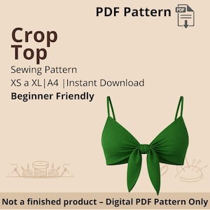 Op de afbeelding: Een groen crop top naaipatroon. De afbeelding bevat de tekst "Crop Top", "Sewing Pattern", "XS a XL | A4 | Instant Download" en "Beginner Friendly". De afbeelding vermeldt ook "Not a finished product - Digital PDF Pattern Only".