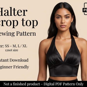 Könnte beinhalten: Ein Schnittmuster für ein schwarzes Halter-Crop-Top. Das Bild zeigt eine Frau, die ein schwarzes Halter-Top trägt. Das Muster ist in den Größen SS, M und L/XL erhältlich. Der Text auf dem Bild lautet "Sofort-Download" und "Anfängerfreundlich".
