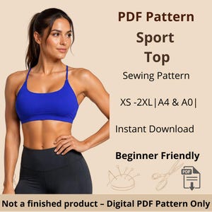 Puede incluir: Un sujetador deportivo azul brillante con tirantes finos. El texto dice: PDF Pattern Sport Top Sewing Pattern XS-2XL | A4 & A0 | Instant Download Beginner Friendly. Not a finished product - Digital PDF Pattern Only. Incluye iconos de alfiletero y tijeras.