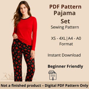 PDF-Schnittmuster für ein Pyjama-Set. Damenpyjama-Schnittmuster. Größen XS–4XL. Formate: A4, Letter, A0.