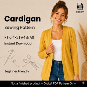 Könnte beinhalten: Senfgelbes Strickjacken-Schnittmuster mit dem Text "Cardigan Sewing Pattern XS a 4XL | A4 & A0 Instant Download Beginner Friendly". Das Bild enthält auch eine Zeichnung einer Nadel und eines Fadens sowie einer Schere. Der Text "Not a finished product - Digital PDF Pattern Only" ist ebenfalls enthalten.