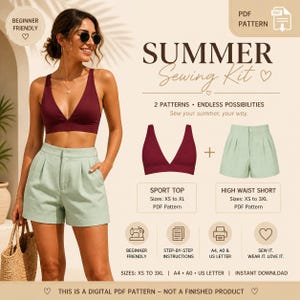 May include: A woman wearing a burgundy sport top and light green high-waisted shorts. The image is a digital PDF pattern for a summer sewing kit, including patterns for a sport top and high-waisted shorts. Text on the image says "Summer Sewing Kit".