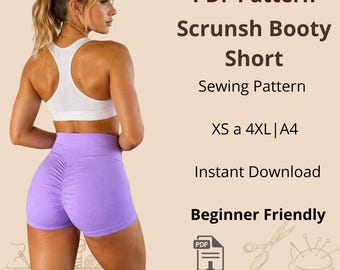 Puede incluir: Un patrón de costura digital en PDF para shorts con fruncido, con el texto PDF Pattern, Scrunch Booty Short, Sewing Pattern, XS a 4XL, A4, Instant Download, Beginner Friendly, y Not a finished product - Digital PDF Pattern Only.