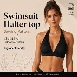 Może przedstawiać: Czarny strój kąpielowy z topem typu halter. Obraz zawiera tekst "Swimsuit Halter top Sewing Pattern XS a XL | A4 Instant Download Beginner Friendly". Ikona wzoru PDF znajduje się w prawym górnym rogu. Tekst na dole brzmi "Not a finished product - Digital PDF Pattern Only".