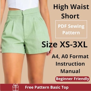 High Waist Shorts Sewing Pattern PDF | Size XS to 3XL |  A4 A0 Digital Download | Easy pattern for beginner