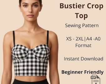 May include: A digital PDF sewing pattern for a bustier crop top featuring a black and white gingham check pattern. The text includes PDF Pattern Bustier Crop Top, Sewing Pattern, XS - 2XL | A4 - A0 Format, Instant Download, Beginner Friendly.