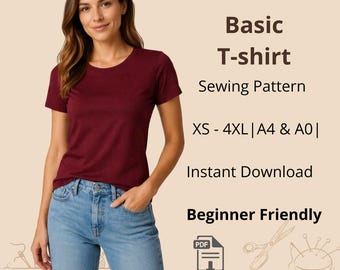 Einfaches T-Shirt-Schnittmuster | Größen XS bis 4XL | Sofort-Download | Einfache digitale PDF-Datei