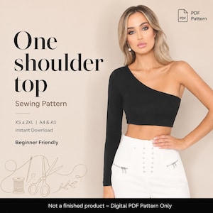Pode incluir: Padrão de costura para um top preto de um ombro só. A imagem mostra uma mulher usando um top preto de manga comprida com um ombro exposto. O texto na imagem diz "One shoulder top Sewing Pattern" e "XS a 2XL | A4 & A0 Instant Download Beginner Friendly".