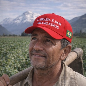 Op de afbeelding: Een man draagt een rode baseballcap met witte tekst en een Braziliaanse vlagpatch. Op de cap staat "O BRASIL É DOS BRASILEIROS". Hij glimlacht, met een schoffel over zijn schouder, in een veld met bergen op de achtergrond.