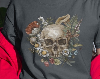 Life & Death Skulls and Plants, Graphic Tee, 90&#39;s tee, Colorful Trending Design, Roses, Mushroom, Butterfly, Fern Tshirt