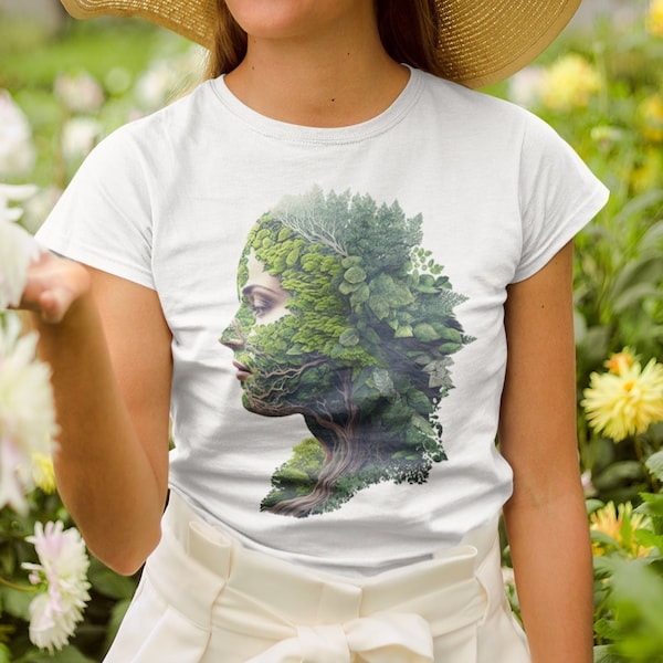 Nature de la femme, motif organique mystique, Gaia, Artemis, design tendance, visage de la forêt, t-shirt Natureza