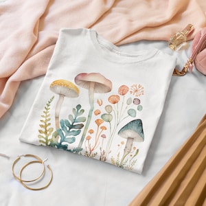 Mushrooms Floral Pattern, Watercolor, Mystic, Nature, Scandinavian Swedish Illustration Tshirt