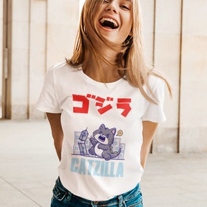 CatZilla Cat Meets Godzilla! Japanese Style Anime Sci-Fi Cat-Mom Pet-Parents Cartoon Tshirt