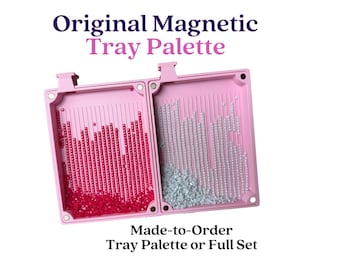 May include: Two rectangular light pink magnetic trays with grooved surfaces, one containing small red beads and the other containing small white beads. The text reads Original Magnetic Tray Palette and Made-to-Order Tray Palette or Full Set.