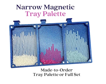 May include: A blue narrow magnetic tray palette with three connected compartments. The trays contain small square beads in white, pink, and light blue. Text reads Narrow Magnetic Tray Palette and Made-to-Order Tray Palette or Full Set.