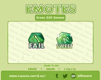 Könnte beinhalten: Zwei grüne 20-seitige Würfel-Emojis, einer mit einer 1 und dem Wort "FAIL" und der andere mit einer 20 und dem Wort "SWEET".