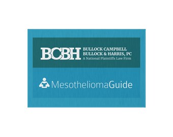 Könnte beinhalten: Ein blaues und weißes Logo für Bullock Campbell Bullock & Harris, PC, eine nationale Anwaltskanzlei für Kläger. Das Logo enthält die Initialen "BCBH" und den Namen der Kanzlei. Unter dem Logo steht der Text "MesotheliomaGuide" in Weiß auf blauem Hintergrund.