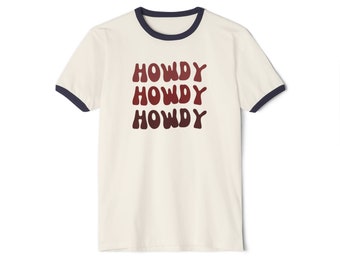 HOWDY HOWDY HOWDY, Unisex Cotton Ringer T-Shirt, tamu tshirt, Aggie shirt, Howdy t-shirt