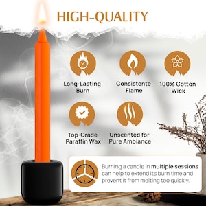 May include: An orange taper candle in a black holder, with the text "HIGH-QUALITY". The image highlights features like long-lasting burn, consistent flame, and unscented wax. The text also mentions the candle is made with paraffin wax and a cotton wick.