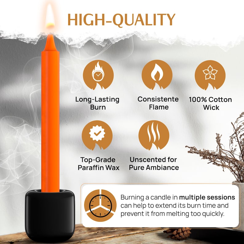 May include: An orange taper candle in a black holder, with the text "HIGH-QUALITY". The image highlights features like long-lasting burn, consistent flame, and unscented wax. The text also mentions the candle is made with paraffin wax and a cotton wick.