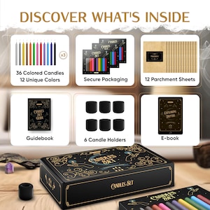 May include: A black box set labeled "CANDLES SET" with gold accents, containing 36 colored candles, 12 parchment sheets, a guidebook, 6 candle holders, and an e-book. The text "DISCOVER WHAT'S INSIDE" is at the top.