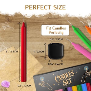 May include: A red candle, 5 inches (12.5 cm) long and 0.5 inches (1.2 cm) wide, is displayed next to a black candle holder, 1 inch (2.7 cm) tall. The image also shows a set of colorful candles and the text "Candles Set".