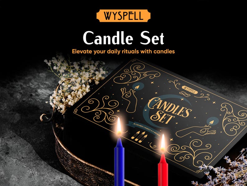 May include: A candle set with a black box featuring gold accents and the words "Candle Set". Two lit candles, one blue and one red, are in front of the box. The image also includes the text "Elevate your daily rituals with candles".