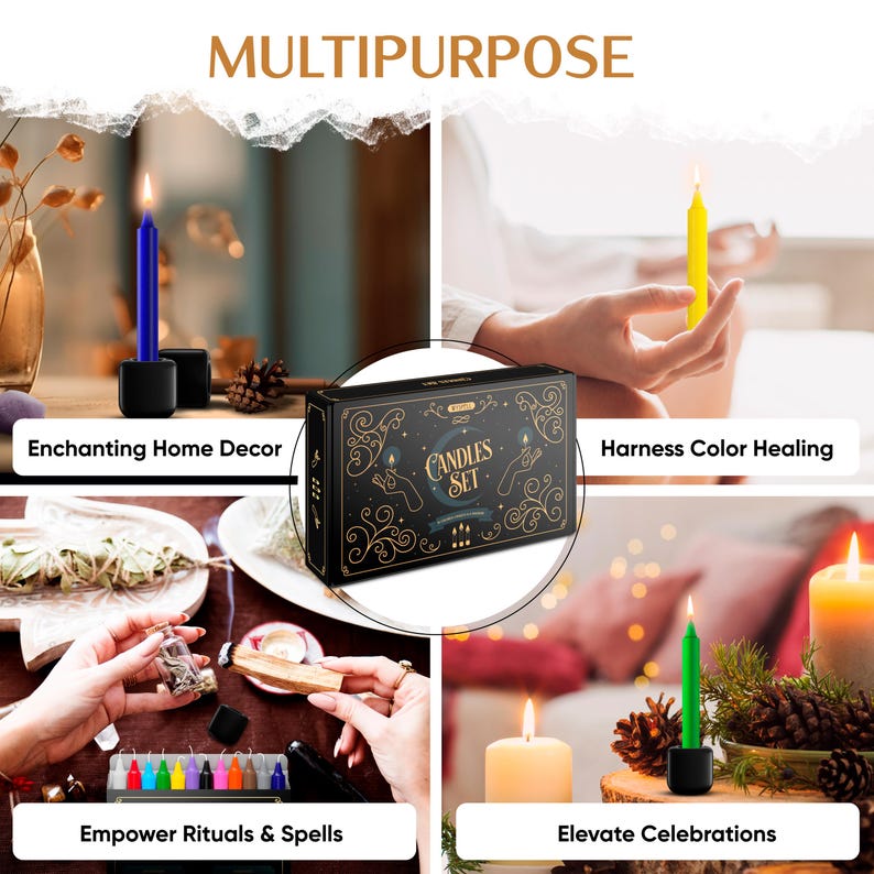 May include: A multi-panel image showcasing a candles set. The image includes a box labeled "CANDLES SET" and various scenes with lit candles in different colors, including blue, yellow, and green. Text includes "MULTIPURPOSE", "Enchanting Home Decor", "Harness Color Healing", "Empower Rituals & Spells", and "Elevate Celebrations".