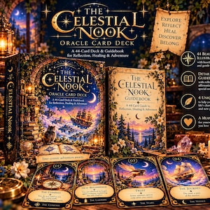May include: The Celestial Nook oracle card deck set includes a box and guidebook featuring celestial illustrations. Four cards are displayed in front, labeled 01 The Compass, 02 New Beginnings, 03 Trust, and 04 The Journey, each with detailed artwork and text.