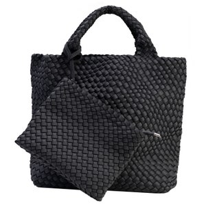 State of Bliss Onyx Neoprene Woven Hobo Tote with Top Handle and Detachable Woven Wristlet Clutch