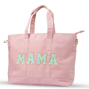 State of Bliss MAMA Pink Tote with Chenille MAMA Patch Letters in Mint Green | Nylon Tote with Top Handle and Adjustable Shoulder Strap
