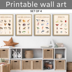 Explore and Learn: Montessori Educational Posters Set of 4-Farm, Insects, Ocean, Safari -Preschool, Kindergarten, Homeschool, Playroom Decor