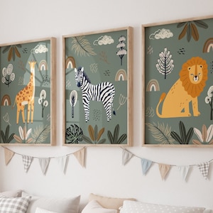 Safari Nursery Wall Prints, Boho Nursery Prints, Set of 3 Prints, Green Nursery Prints, Boho Nursery Wall Art, Nursery Decor, Printable Art