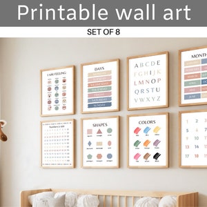 Montessori Homeschool Printable Posters: Toddler Playroom Wall Art, Educational Set of 8 -ABCs, Shapes, Counting, Months, Days, Feelings