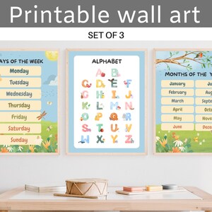 Montessori klas afdrukbare posters: educatieve set van 3 - ABC's, maanden, dagen - kleuter- en kleuterschool kunst aan de muur - digitale DOWNLOAD