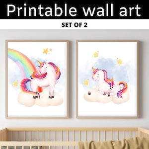 Whimsical Rainbow Unicorn Wall Art Set of 2 - Printable Decor for Girl&#39;s Room, Nursery, Playroom - Unicorn Prints - Digital Download