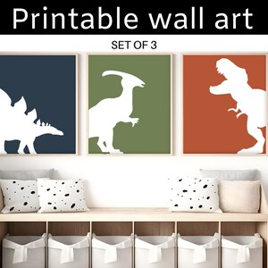 Set of 3 Dinosaur Prints - T-Rex, Stegosaurus, Parasaurolophus - Dinosaur Wall Decor - Baby Boy Nursery Wall Art - Digital Download
