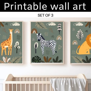 Boho Safari Nursery Decor Set of 3 Prints - Safari Animals Nursery Wall Decor -Giraffe, Lion and Zebra Baby Boy Nursery Art DIGITAL DOWNLOAD
