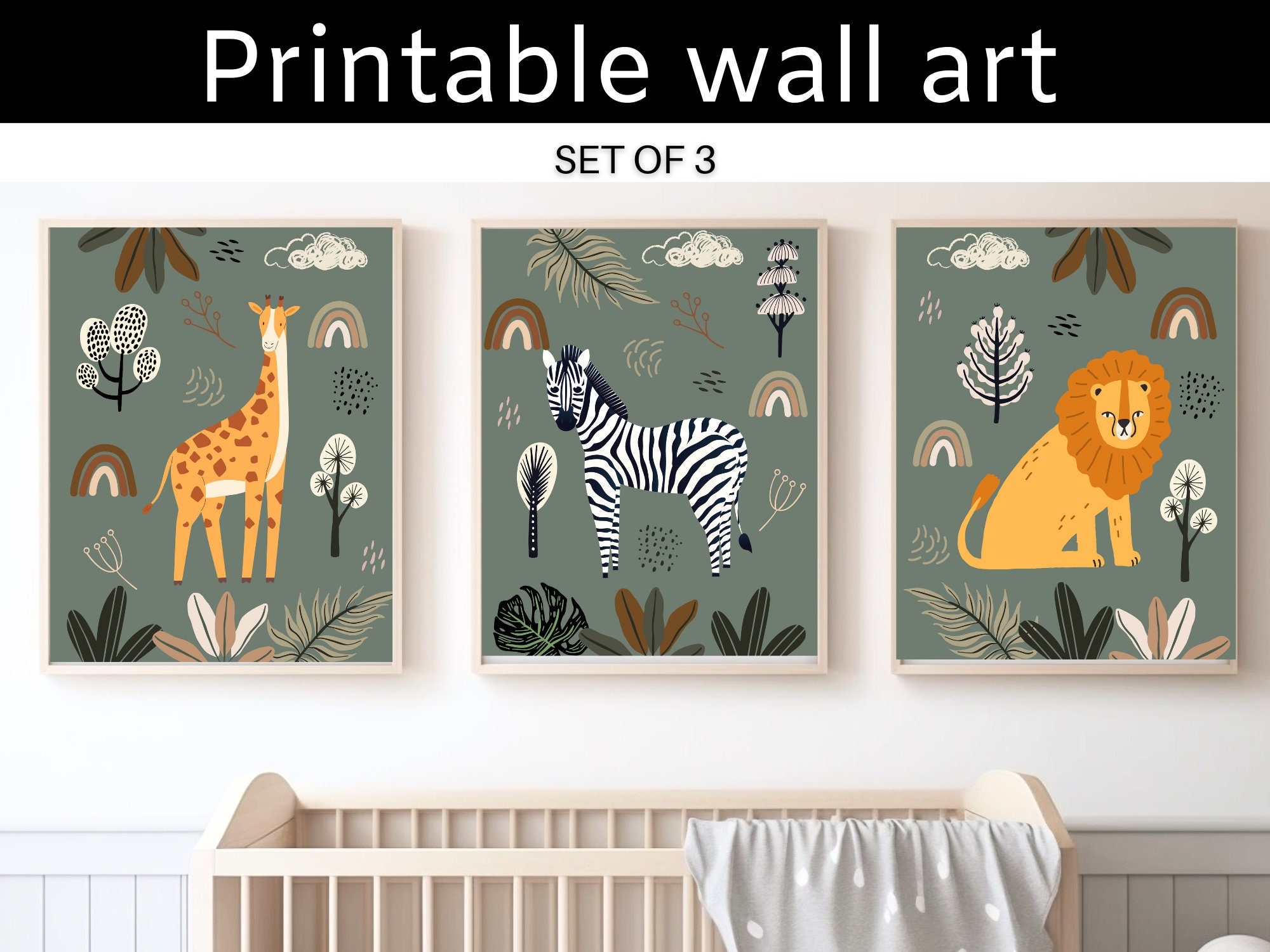 Boho Safari Nursery Decor Set of 3 Prints Safari Animals Nursery Wall ...