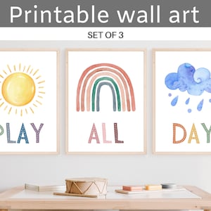 Let&#39;s Play All Day! Set of 3 Digital Art Prints - Nursery Wall Art -Playroom Sign - Scandinavian Kids Wall Decor- Gender Neutral Playroom