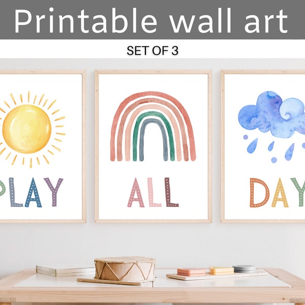 Let's Play All Day! Set of 3 Digital Art Prints - Nursery Wall Art -Playroom Sign - Scandinavian Kids Wall Decor- Gender Neutral Playroom