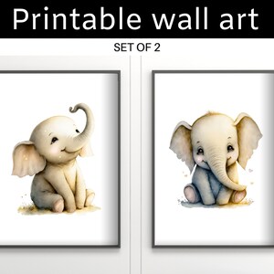 Watercolor Elephant Nursery Wall Art Set of 2, Grey Elephant Wall Art, Printable Nursery Decor, Elephant Baby Room Decor, Digital Download
