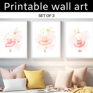 Ballerina Bunnies: Set of 3 Watercolor Nursery Prints with Ballerina Bunny Dancers - Blush Pink Ballet Decor - DIGITAL DOWNLOAD