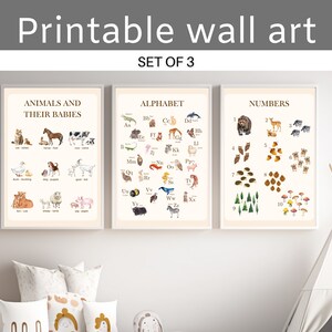 Montessori klas afdrukbare posters: educatieve set van 3-ABC's, cijfers, babydieren- kleuter- en kleuterschool kunst aan de muur - digitale DOWNLOAD