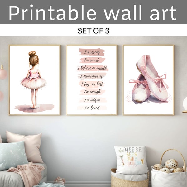 Watercolor Ballerina Wall Art Set of 3: Blonde Ballerina Prints, Blush Pink Ballerina Printable, Ballet Dancer Girl Bedroom, Affirmations