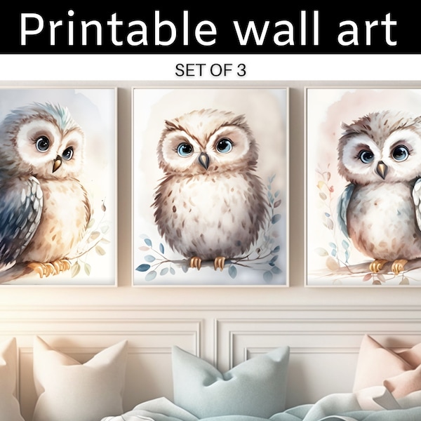 Whimsical Owl Nursery Decor - Set of 3 Woodland Animal Prints for Baby Girl Room - Baby Animal Nursery - Cute Animals - DIGITAL DOWNLOAD