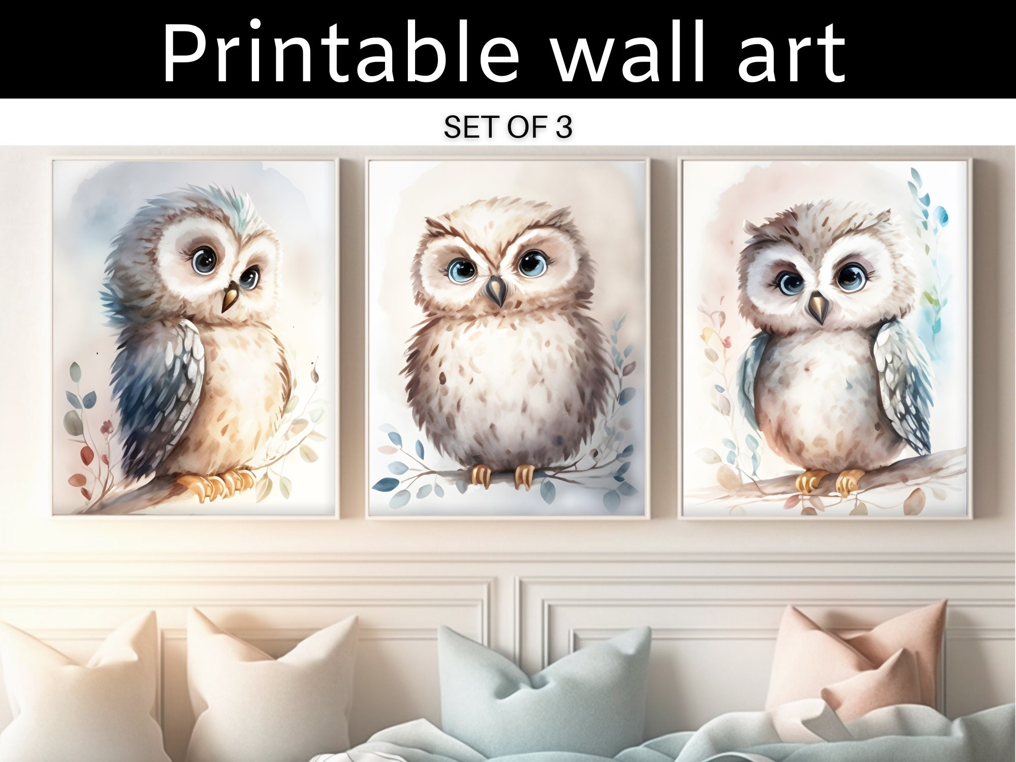 Whimsical Owl Nursery Decor - Set of 3 Woodland Animal Prints for Baby Girl Room - Baby Animal Nurse