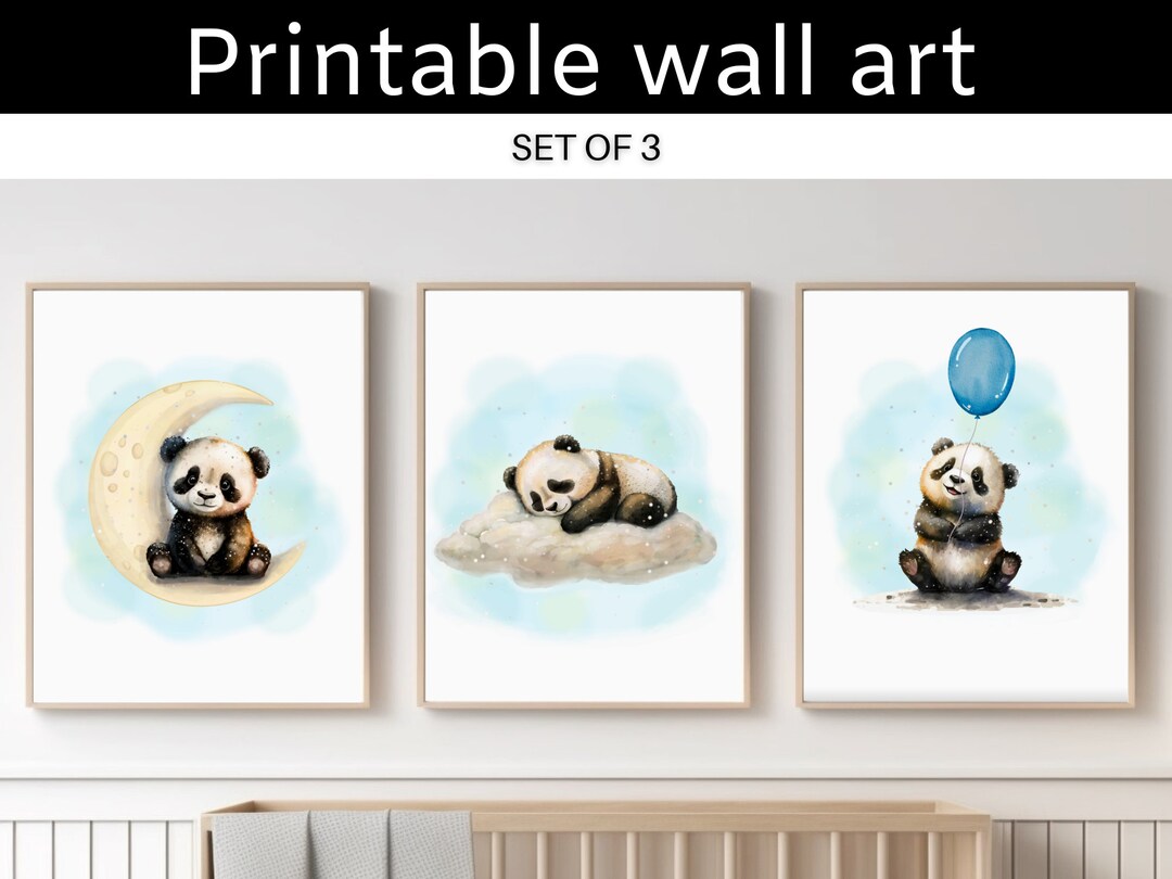 Blue Baby Panda Watercolor Nursery Wall Art - Set of 3 Charming Prints ...