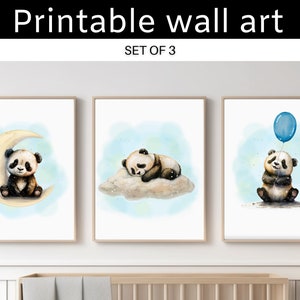 Blue Baby Panda Watercolor Nursery Wall Art - Set of 3 Charming Prints for Peaceful Panda Nursery Decor with Moon, Cloud, and Balloon